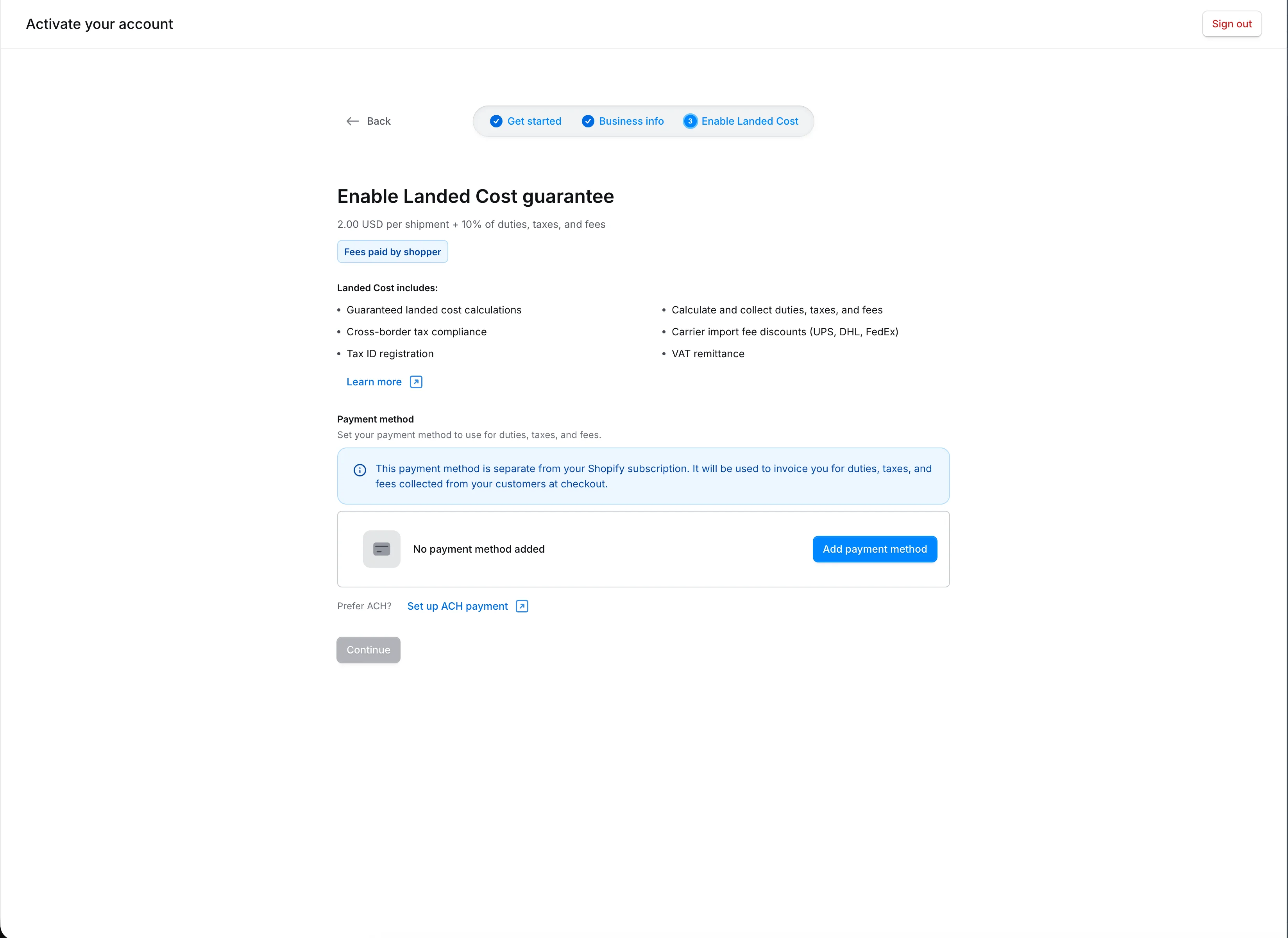 Wizard step to enable Landed Cost and add a payment method